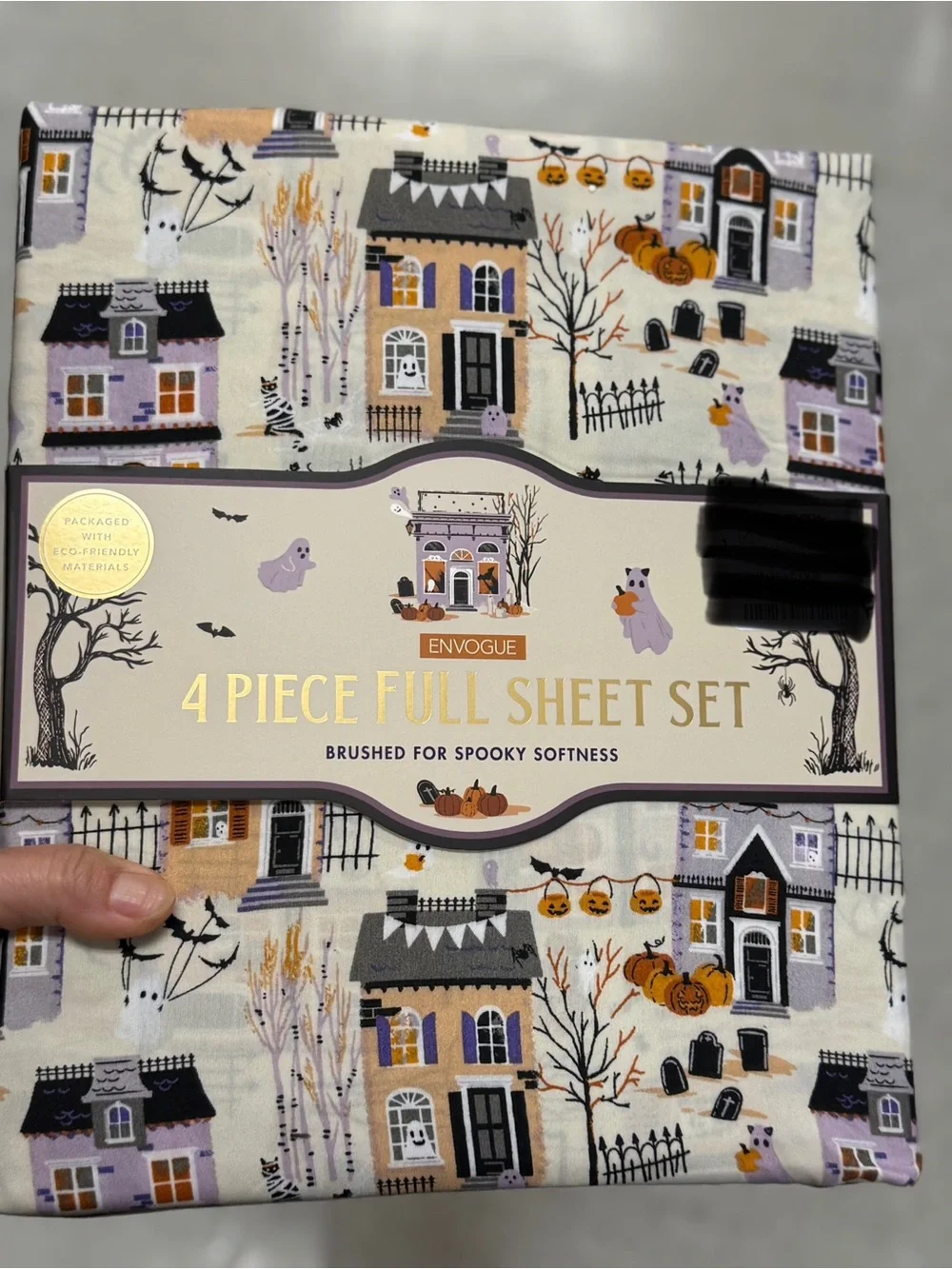 Envogue Cream Halloween Village Print Brushed Sheet Set